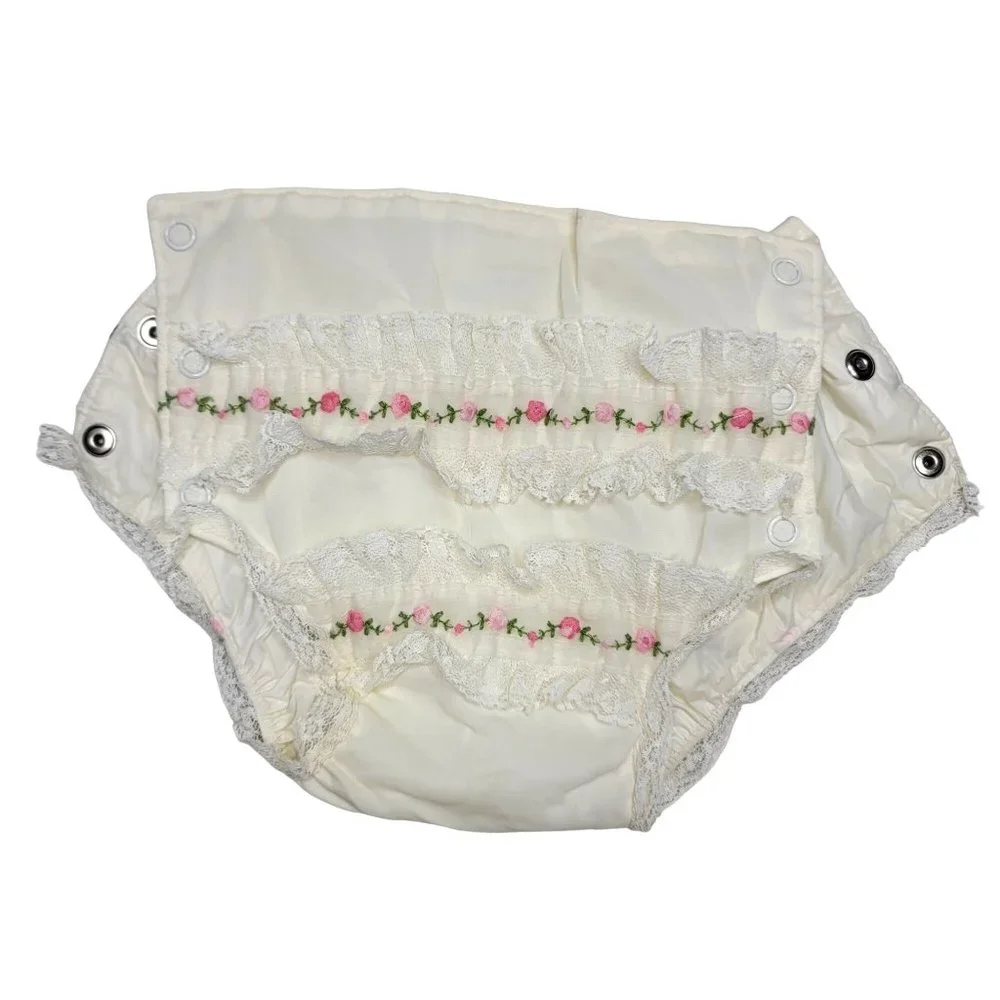 vintage floral ruffle lace cloth diaper cover bloomer side snaps 18-25 pounds